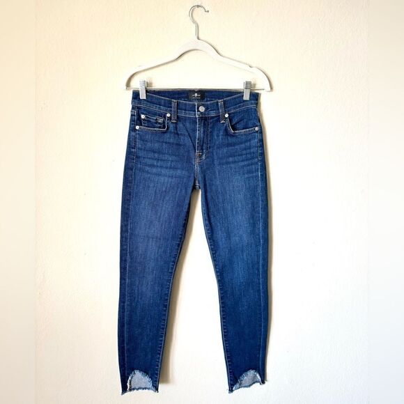7 For all Mankind  Skinny Blue Jeans Distressed Mid Waist Ankle Size 25 - Picture 6 of 11